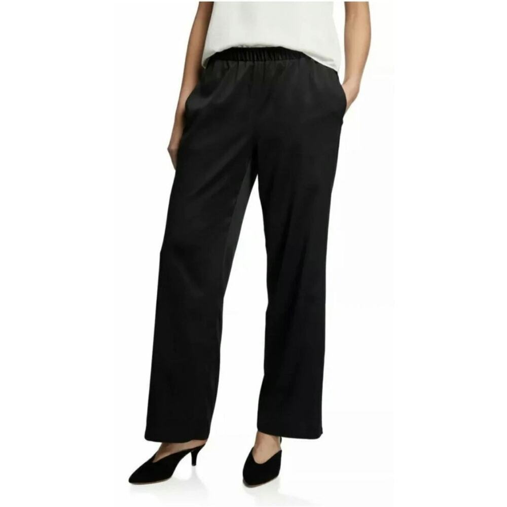 Eileen Fisher BLACK RECYCLED POLYESTER SATIN STRAIGHT PANTS sz Small $238 NWT